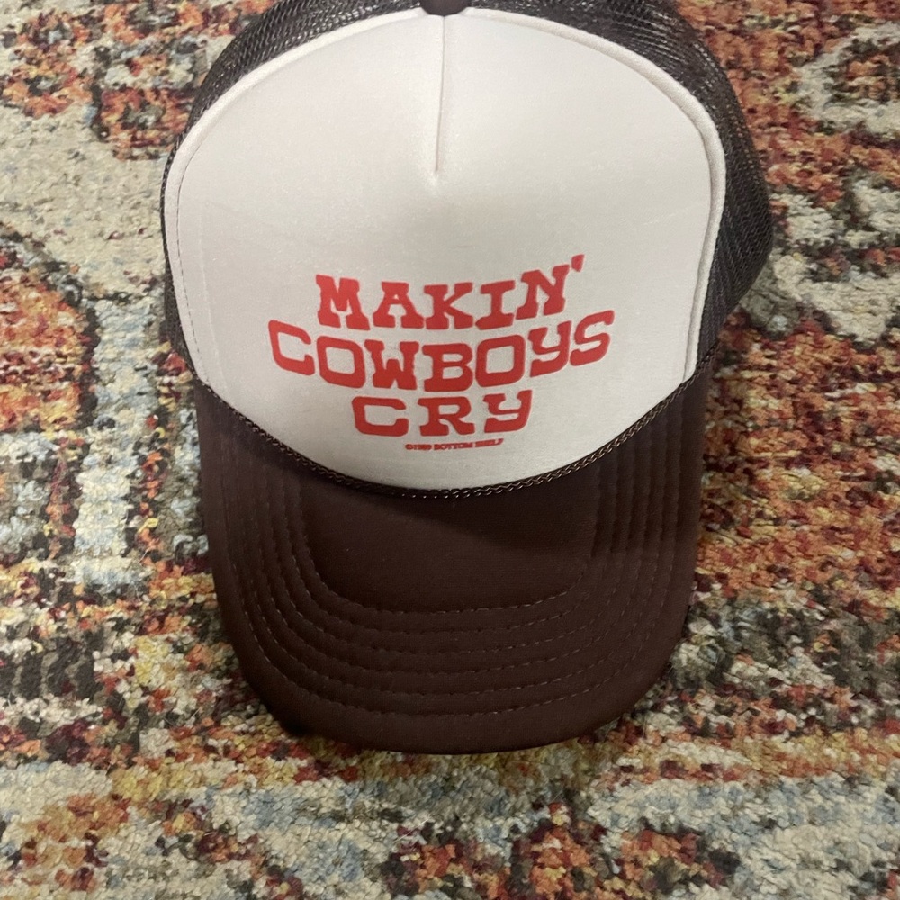 Brown and White Trucker Hat with Red Text
